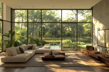 Fototapeta premium Modern living room with large windows and garden view