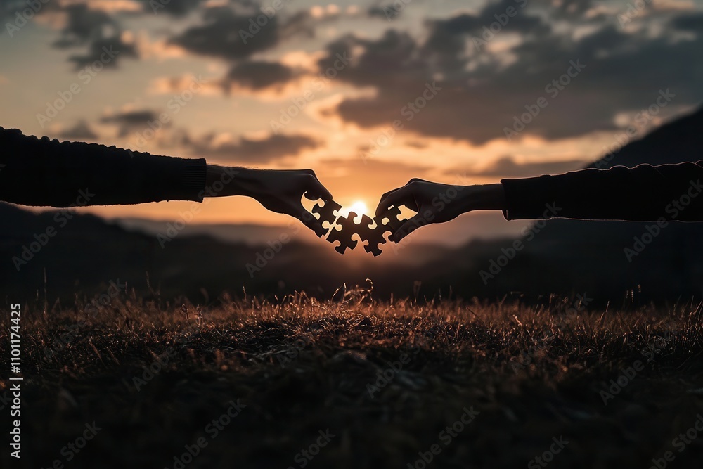 Poster Two hands connect puzzle pieces against a sunset backdrop, symbolizing unity and connection in a serene landscape.