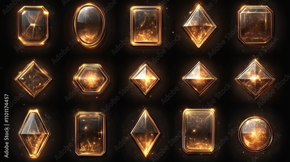 Poster a set featuring gold buttons featuring various geometric shapes with frames and a shining light effe
