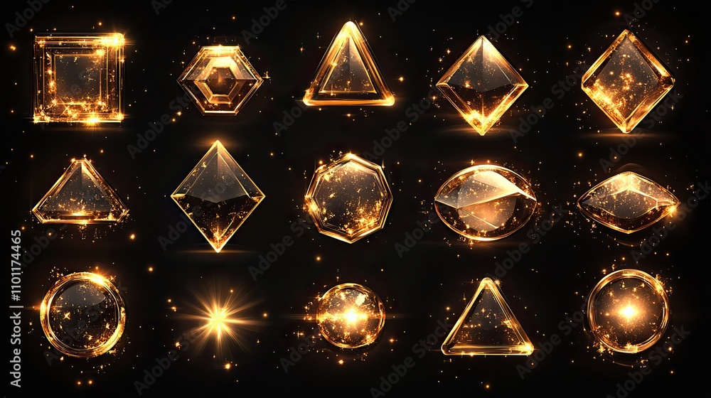 Poster a set featuring gold buttons featuring various geometric shapes with frames and a shining light effe
