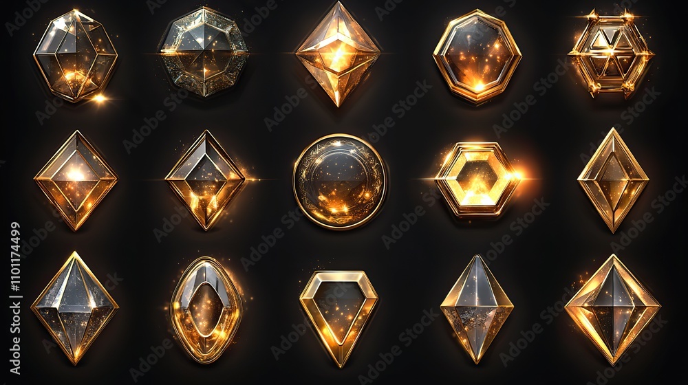Poster a set featuring gold buttons featuring various geometric shapes with frames and a shining light effe