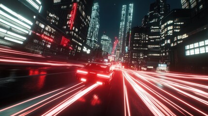 Naklejka premium Futuristic Cityscape at Night: Neon Lights, Digital Lines, and High-Tech Urban Energy