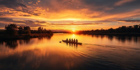 Obraz premium A group of rowers glides across a tranquil river at sunset, surrounded by vibrant colors in the sky and reflecting on the water.
