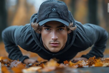 Young man doing push-ups outdoors in a sunny park on a workout mat