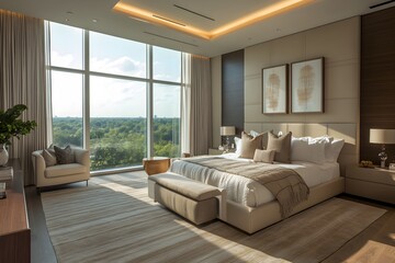 Fototapeta premium Minimalist bedroom with floor-to-ceiling window and simple decor