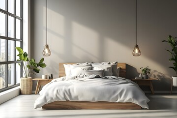 Modern bedroom with accent wall and pendant lights