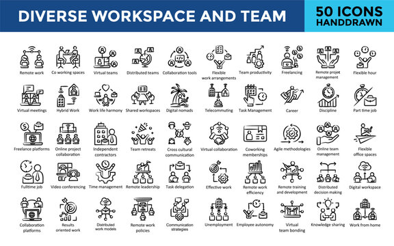 Diverse workspace and team icon set with distributed teams, collaboration tools, flexible work arrangements, team productivity, freelancing, remote project management icon. Simple handdrawn vector 
