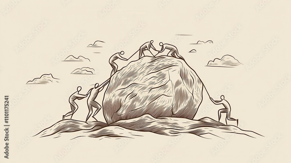 Poster a group of people collaboratively pushing a large boulder, symbolizing teamwork and overcoming chall