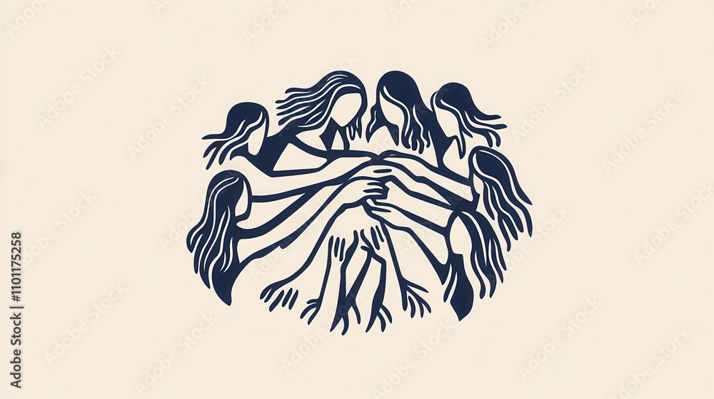 Poster a group of six stylized women, interlinked in a circular formation, symbolizing unity, support, and 
