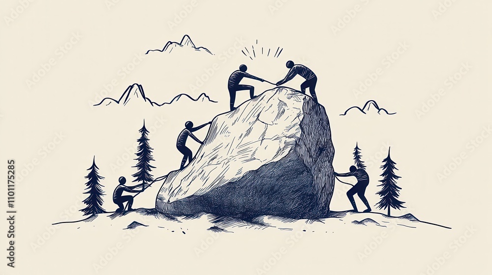 Poster a group of figures collaboratively pushes a large rock, symbolizing teamwork, strength, and determin