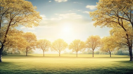 A serene landscape at sunrise with trees and a grassy field, evoking tranquility and nature.