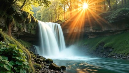 Fototapeta premium Majestic Waterfall in a Serene Forest Setting with Sunlight Beaming Through Trees, Nature Landscape. 
