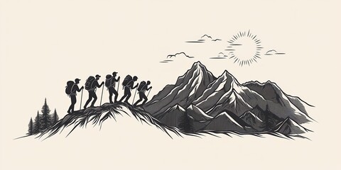 Obraz premium A group of hikers ascends a mountain ridge against a serene backdrop of peaks and a bright sun, symbolizing adventure and exploration.