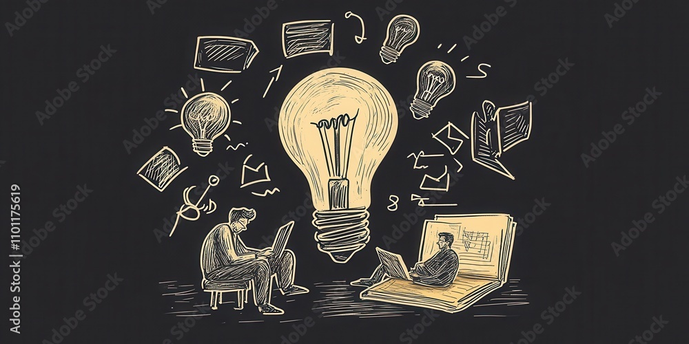 Aufkleber a creative illustration depicting a person brainstorming ideas, surrounded by lightbulbs and various