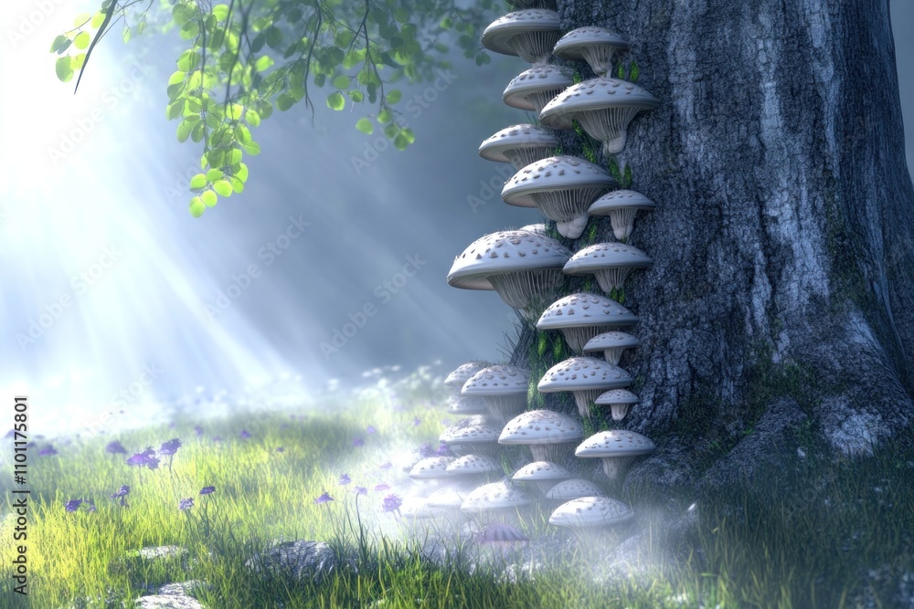 Poster a serene forest scene featuring mushrooms growing on a tree trunk with soft light filtering through.