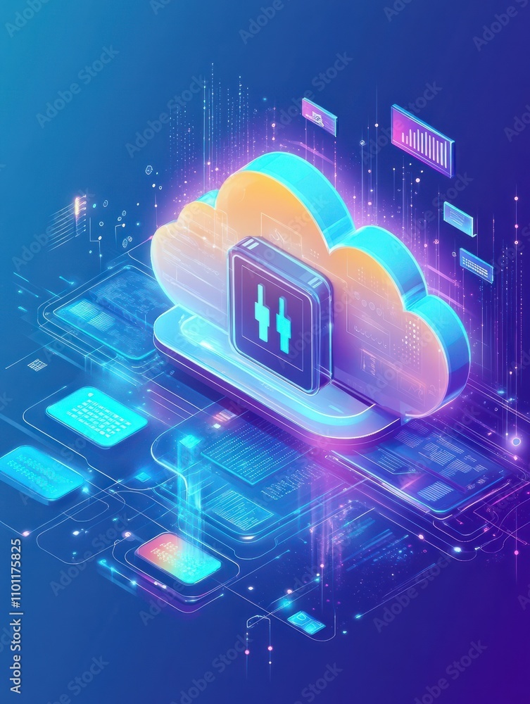Poster virtual information protection, online data storage safety. cloud-based engine, cloud engineering, c