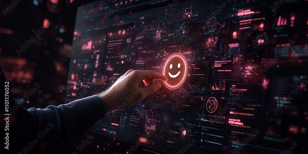Aufkleber A hand interacts with a digital interface displaying a glowing smiley face amidst intricate patterns of data and technology.