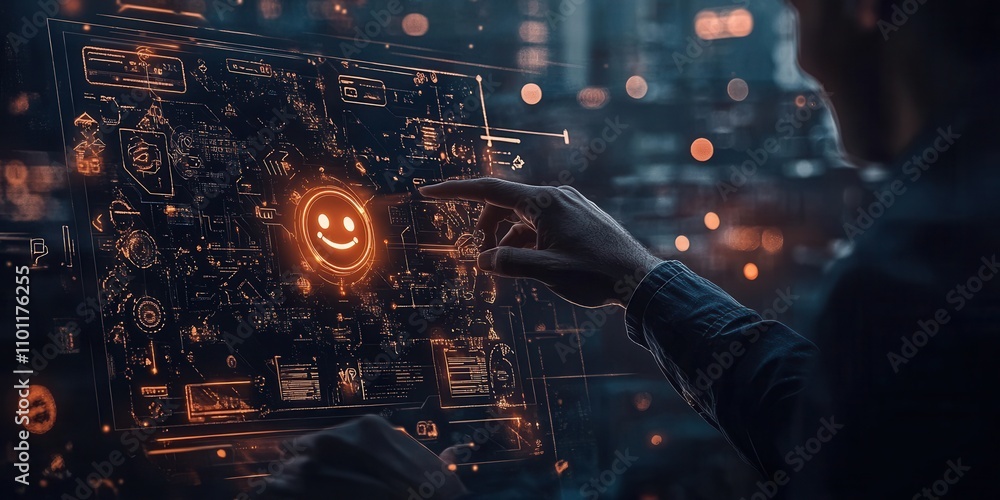 Poster a glowing interface is being interacted with, showcasing a smiley face amidst a background of digita