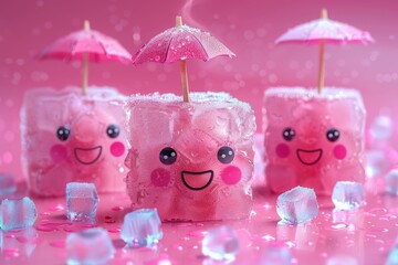 style of cartoon kawaii-style ice cubes, with a smiling face, rosy cheeks, and a little umbrella, surrounded by happy ice cubes, minimal and ice cubes with faces pink background