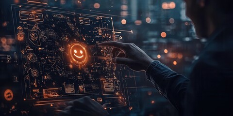 A glowing interface is being interacted with, showcasing a smiley face amidst a background of digital elements and lights.