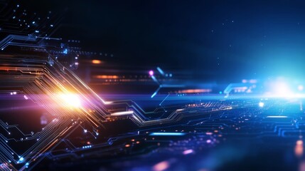 scientific fiction fantasy futuristic background, electric circuit board pattern with geometric shape and reflecting light neon glow