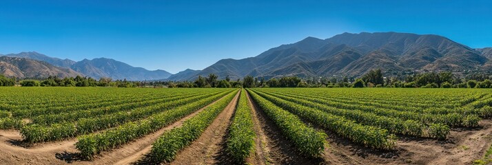 Panoramic view of agricultural field with mountains in the background.
