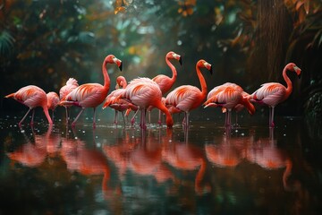 Obraz premium A flock of pink flamingos stand in shallow water, their reflections visible in the calm surface. The birds are surrounded by lush green foliage.
