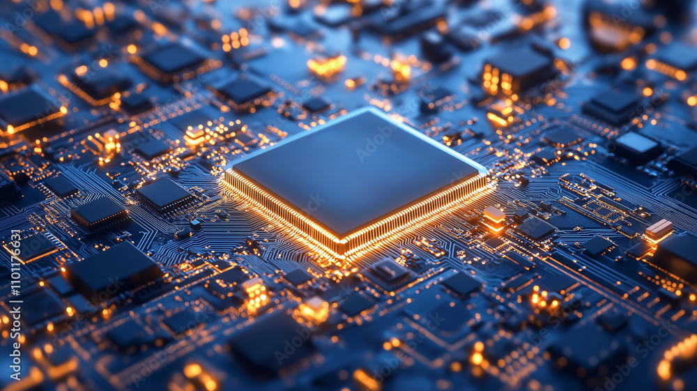 Poster close up view of microchip on circuit board, showcasing intricate details and glowing elements