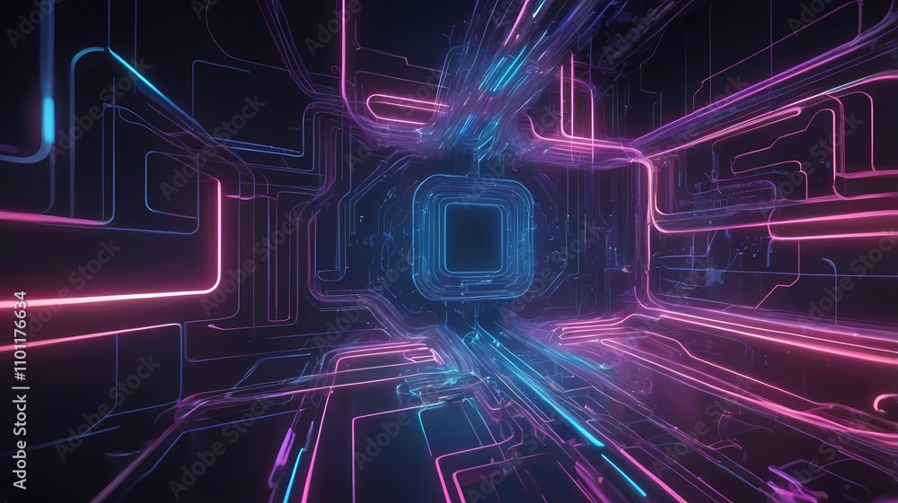 Poster abstract background with fast moving neon light particles, forming complex circuit patterns