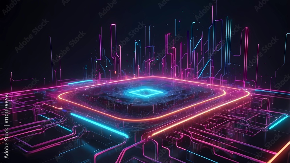 Poster abstract background with fast moving neon light particles, forming complex circuit patterns
