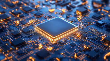 close up view of microchip on circuit board, showcasing intricate details and glowing elements
