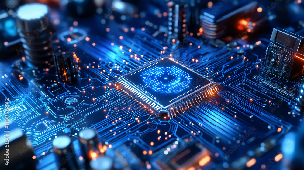 Poster close up view of circuit board showcasing intricate details and glowing components, evoking sense
