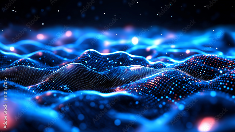 Poster mesmerizing digital landscape with flowing waves of blue and red light, creating sense of depth and