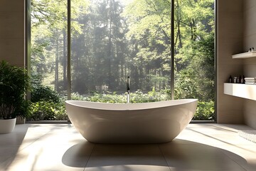 Fototapeta premium Luxury bathroom with freestanding tub and garden view