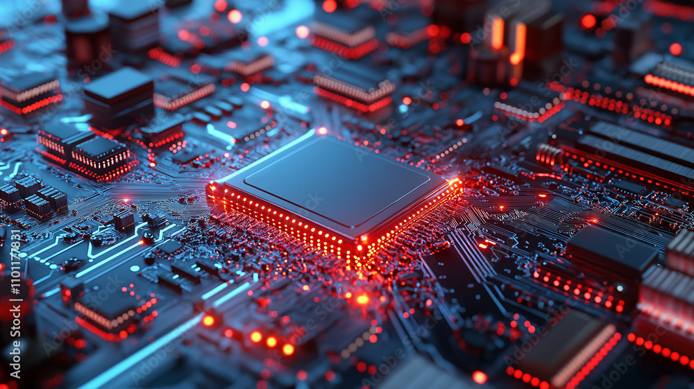 Poster high tech circuit board with glowing components and intricate details