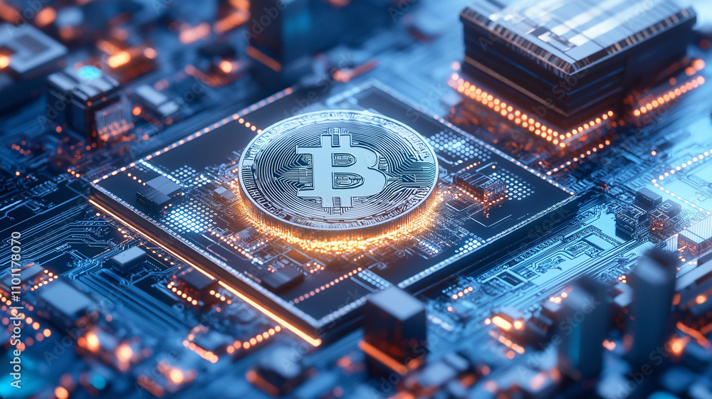 Poster digital currency concept with bitcoin on circuit board