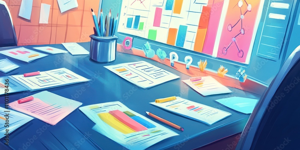 Poster a vibrant workspace with charts, graphs, and documents for data analysis and planning.
