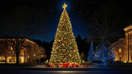 Naklejka premium christmas tree in the city at night