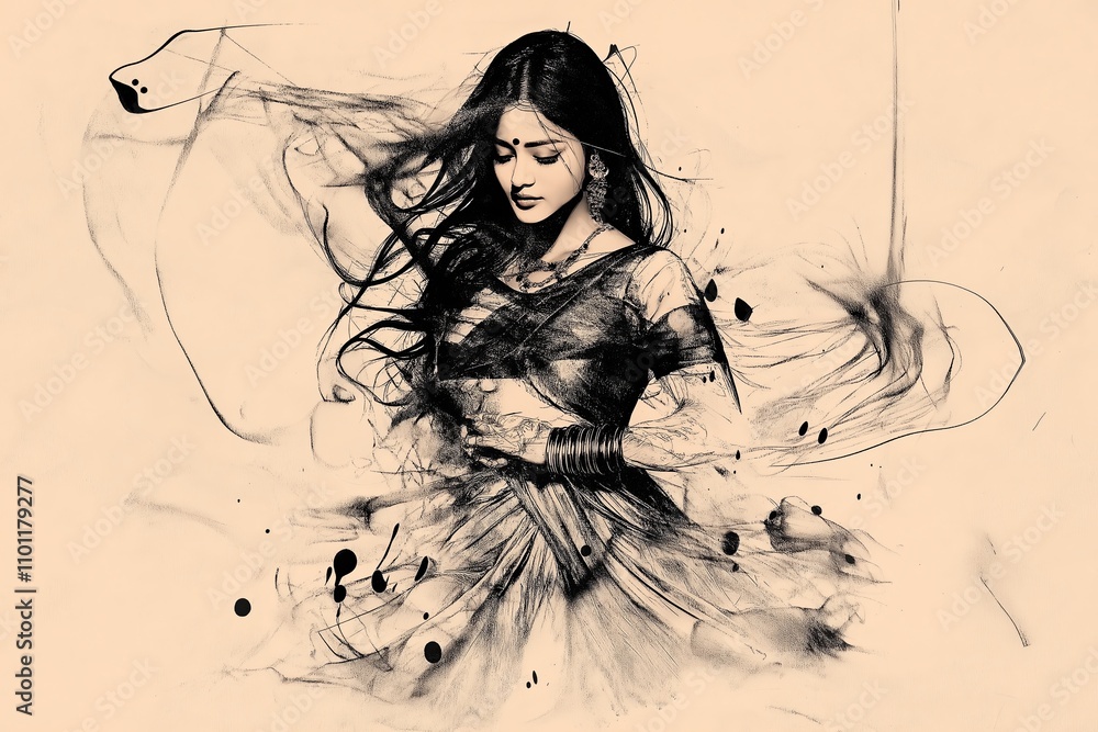 Poster abstract outline of an indian woman in flowing attire, using simple black ink strokes on a beige can