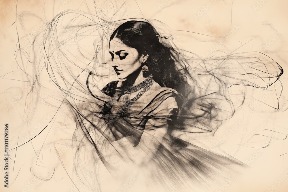 Poster abstract outline of an indian woman in flowing attire, using simple black ink strokes on a beige can