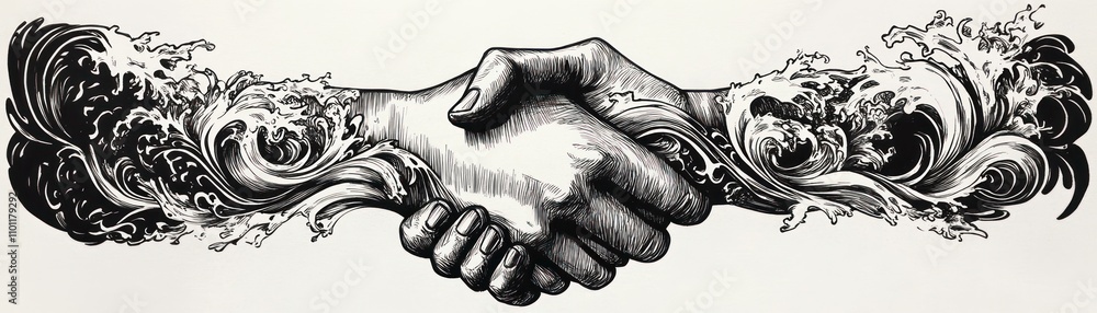 Poster a stylized handshake surrounded by waves, symbolizing unity and collaboration.