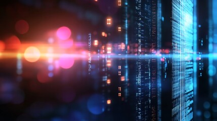 Obraz premium scientific fiction fantasy futuristic background, shiny light glowing on dark background with geometric shape bokeh and neon light trail 