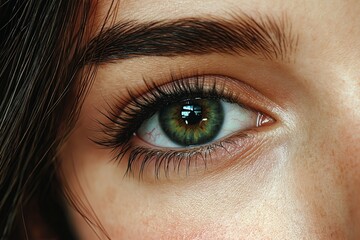 Obraz premium Close-up of a woman’s expressive eyes, highlighted with kajal, on a neutral-toned background.