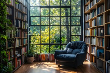 Contemporary home library with floor-to-ceiling bookshelves