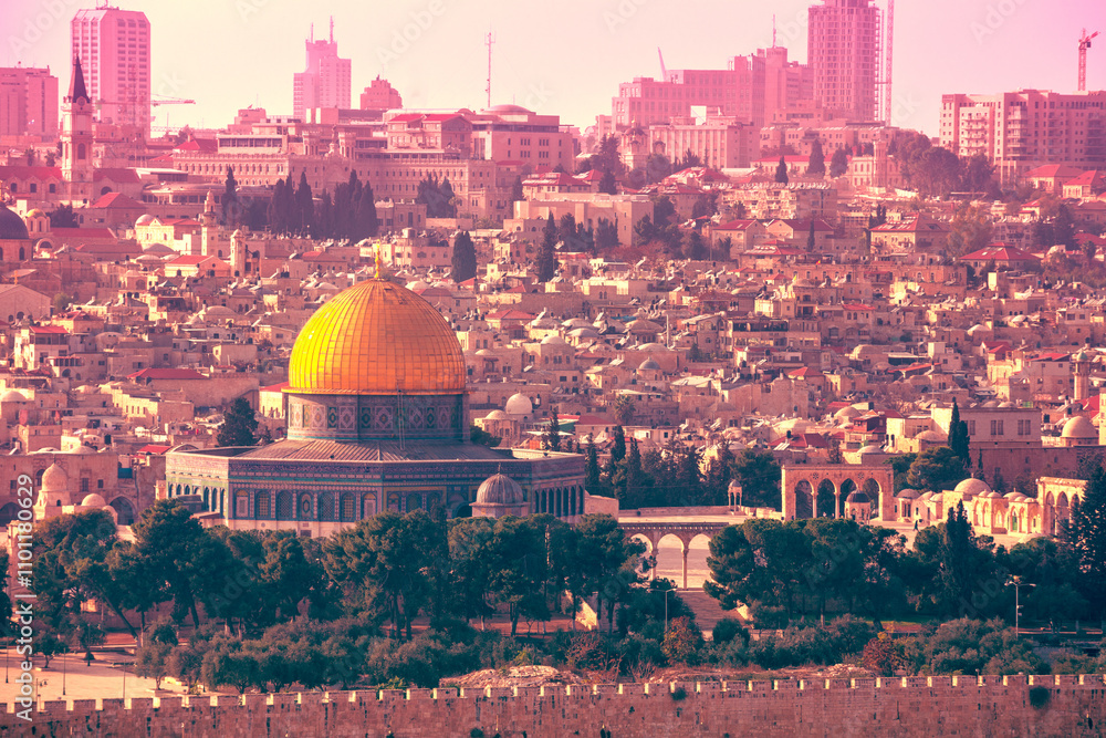 Canvas Prints Panoramic view from Mount Olive of old city Jerusalem and Dome of the Rock, Temple Mount (Har Ha Bayit) at sunset, Israel