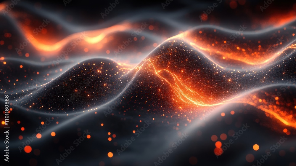 Poster abstract glowing wave with particles and bokeh effect.