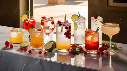 Cocktails or mocktails cold drinks. Classic summer refreshing long drink in highballs with berries, lime, herbs and ice on gray bar counter background