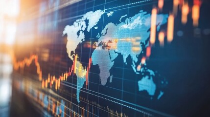 Naklejka premium A concept image of a global stock market with digital earth and futuristic indicators.