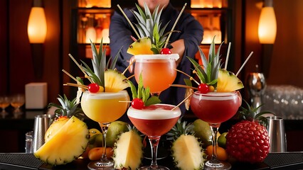 Exotic alcohol cocktails set with fruits