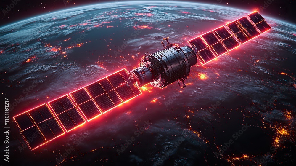 Poster artificial satellite with dark neon light effect rendering